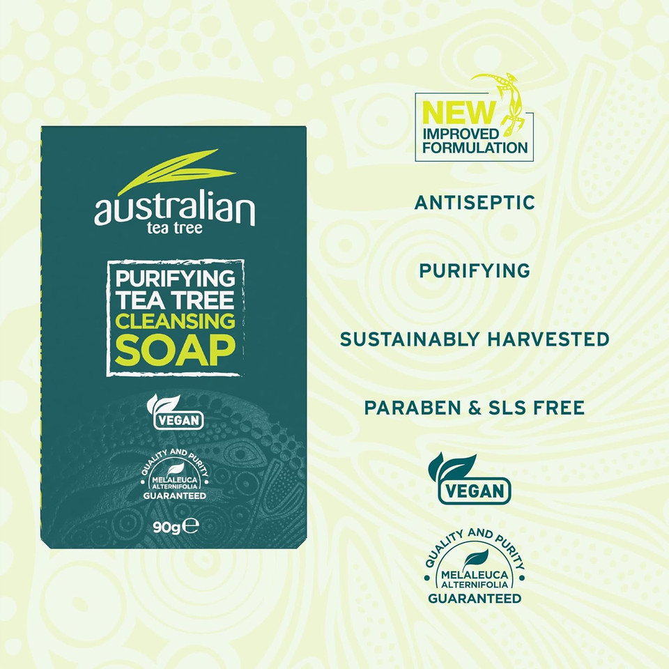 Australian Tea Tree Soap Bar, Purifying, Natural, Vegan, Cruelty Free, Paraben and SLS Free, Cleansing, 90 g (Pack of 2) Australian Tea Tree Soap Bar, Purifying, Natural, Vegan, Cruelty Free, Paraben and SLS Free, Cleansing, 90 g (Pack of 2)
