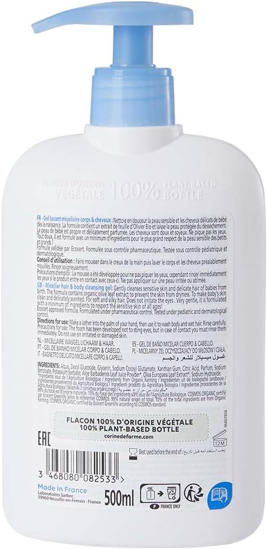 Corine de Farme Scented Micellar Body & Hair Wash Gel, Organic Olive Leaf Extract Formula