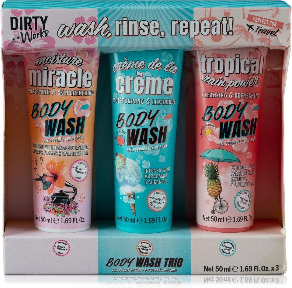 Dirty Works Wash, Rinse, Repeat Body Wash Trio  3-Piece Shower Gel Gift Set for Women  Tropical, Floral & Fruity Fragrances  Nourishing & Hydrating Skincare Treat Dirty Works Wash, Rinse, Repeat Body Wash Trio  3-Piece Shower Gel Gift Set for Women  Tropical, Floral & Fruity Fragrances  Nourishing & Hydrating Skincare Treat