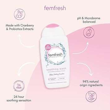 Femfresh Ultimate Care Soothing Wash - Intimate Daily Vaginal Feminine Hygiene Shower Gel Cleanser  pH Balanced, Soap Free w.Hydrating Cranberry & Probiotics Extract, Long-Lasting MULTIActif - 250 ml