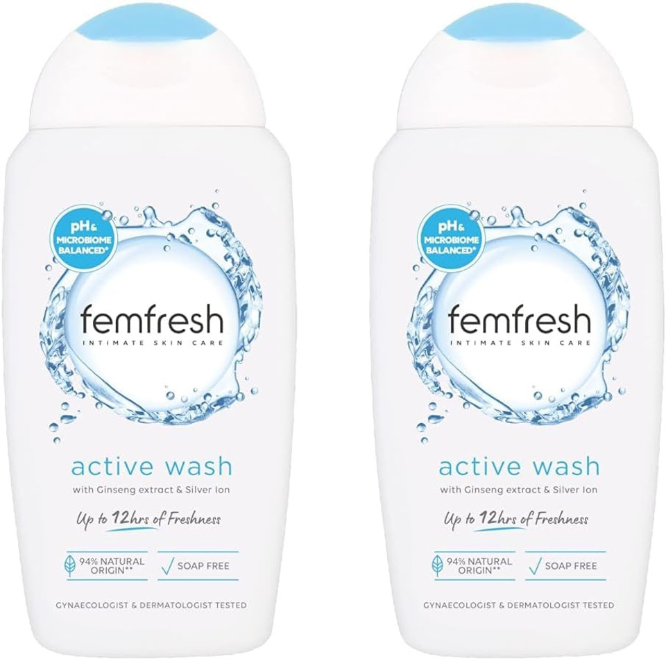 Femfresh Ultimate Care Active Vaginal Wash - Intimate Feminine Hygiene Shower & Bath Gel Cleanser - pH Balanced, Soap Free, Fragrance Free Gel Formula with 12-hour Sweat Protection - 250ml (Pack of 2)
