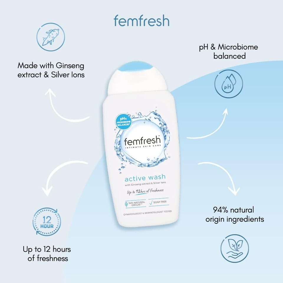 Femfresh Ultimate Care Active Vaginal Wash - Intimate Feminine Hygiene Shower & Bath Gel Cleanser - pH Balanced, Soap Free, Fragrance Free Gel Formula with 12-hour Sweat Protection - 250ml (Pack of 2)