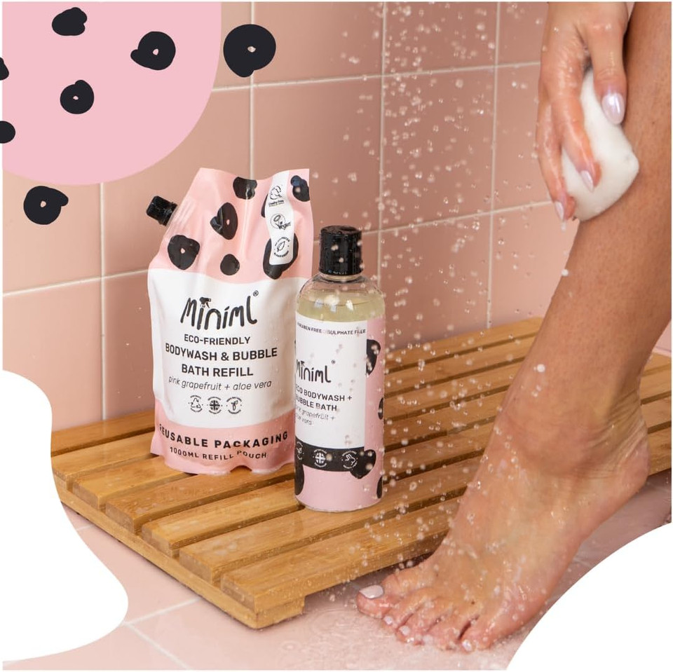 Miniml All Natural Body Wash and Bubble Bath - 1L Refill Moisturising Pink Grapefruit and Aloe Vera Sensitive Skin Eco Shower Gel Bath Soak Vegan Friendly High Foam
