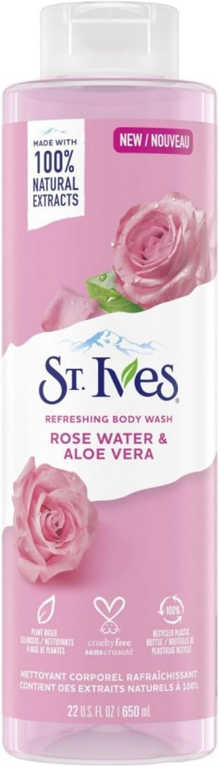 St. Ives Body Wash (650ml) Refreshing Cleanser Rose Water & Aloe Vera Made with Plant-Based Cleansers & 100% Natural Extracts 16 oz Shower Gel