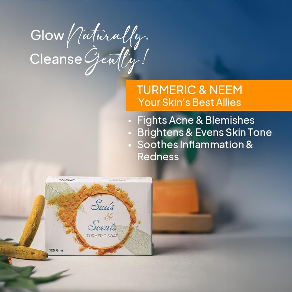Suds & Scents Turmeric Soap with Neem Extract, For all Skin types. Treats Acne, Skin Irritation, inflammation and Hyper Pigmentation