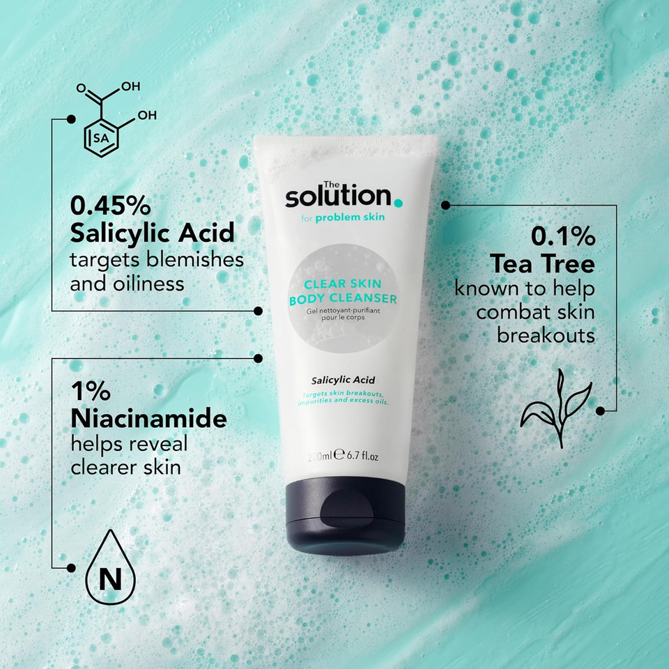 The Solution Salicylic Acid Clear Skin Body Cleanser (200ml). Back Acne Treatment with Tea Tree, Daily Blemish Control Cleanser for Body, Pore minimiser, Vegan & Cruelty Free Salicylic Acid Shower Gel