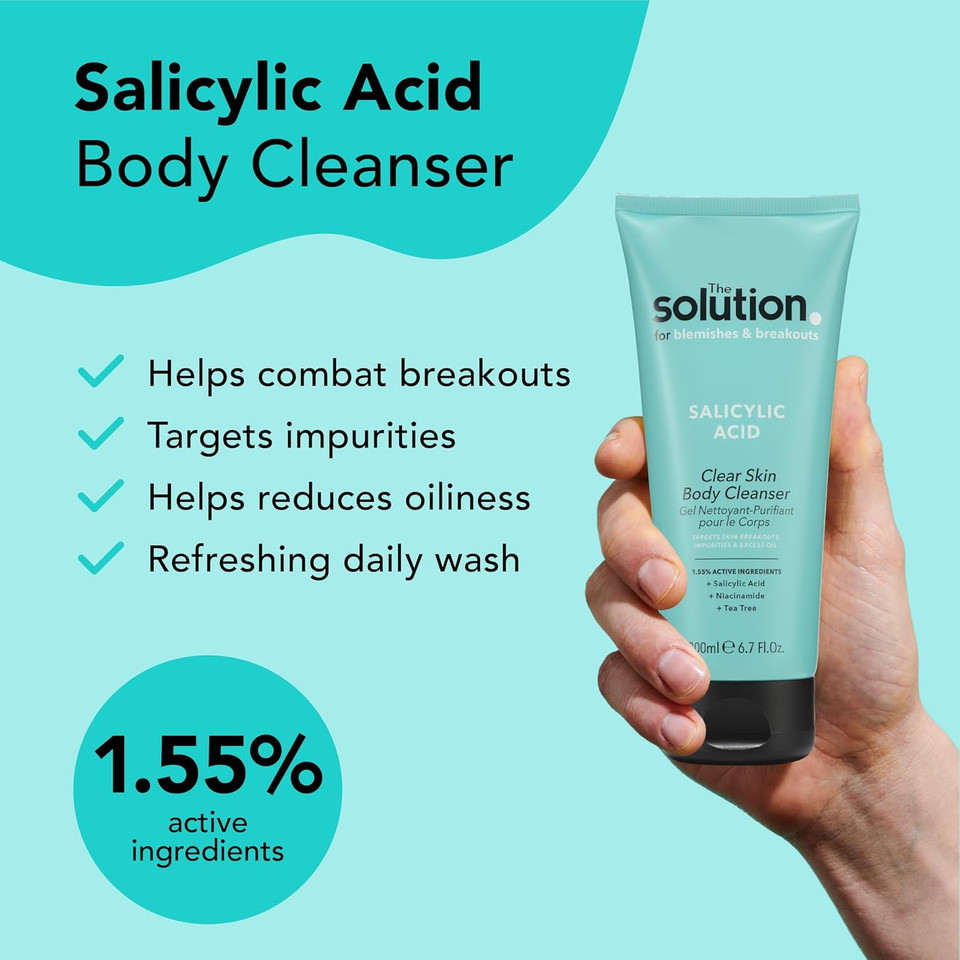 The Solution Salicylic Acid Clear Skin Body Cleanser (200ml). Back Acne Treatment with Tea Tree, Daily Blemish Control Cleanser for Body, Pore minimiser, Vegan & Cruelty Free Salicylic Acid Shower Gel