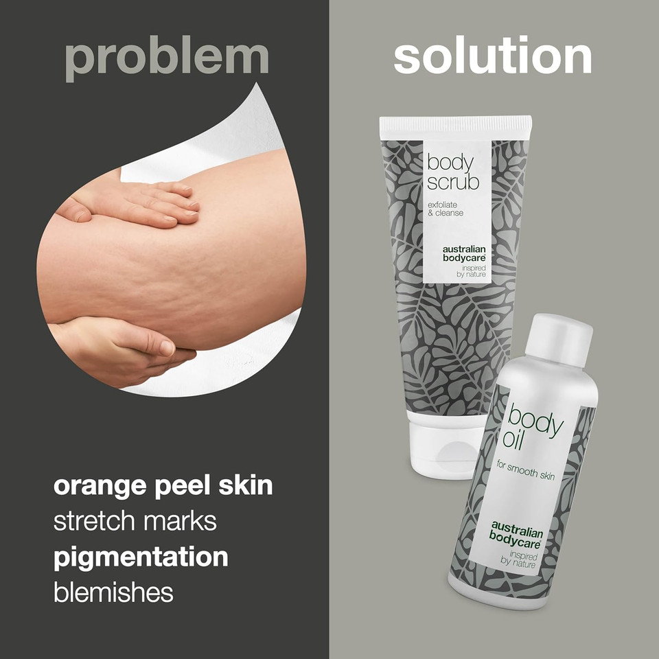 2 products to improve the appearance of cellulite: Body Scrub 200ml with 100% natural tea tree oil, and Body Oil 150ml that reduces the visibility of cellulite | Dermatologically tested