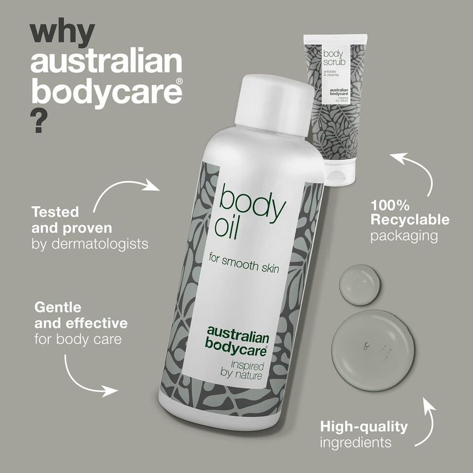 2 products to improve the appearance of cellulite: Body Scrub 200ml with 100% natural tea tree oil, and Body Oil 150ml that reduces the visibility of cellulite | Dermatologically tested