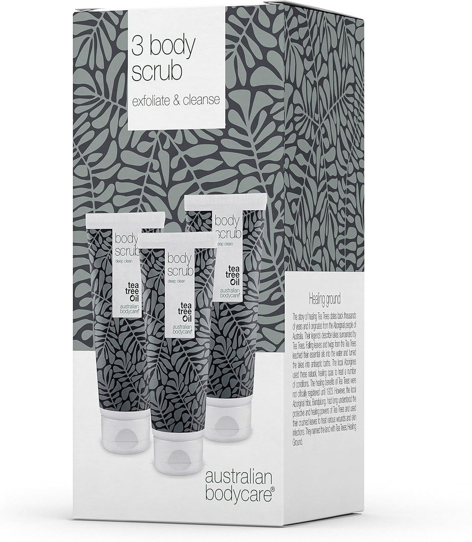 3x Body Scrubs 200ml with tea tree oil | Against pimples, impure skin, ingrown hair, keratosis pilaris and strawberry legs | 100% natural and vegan | Dermatologically tested