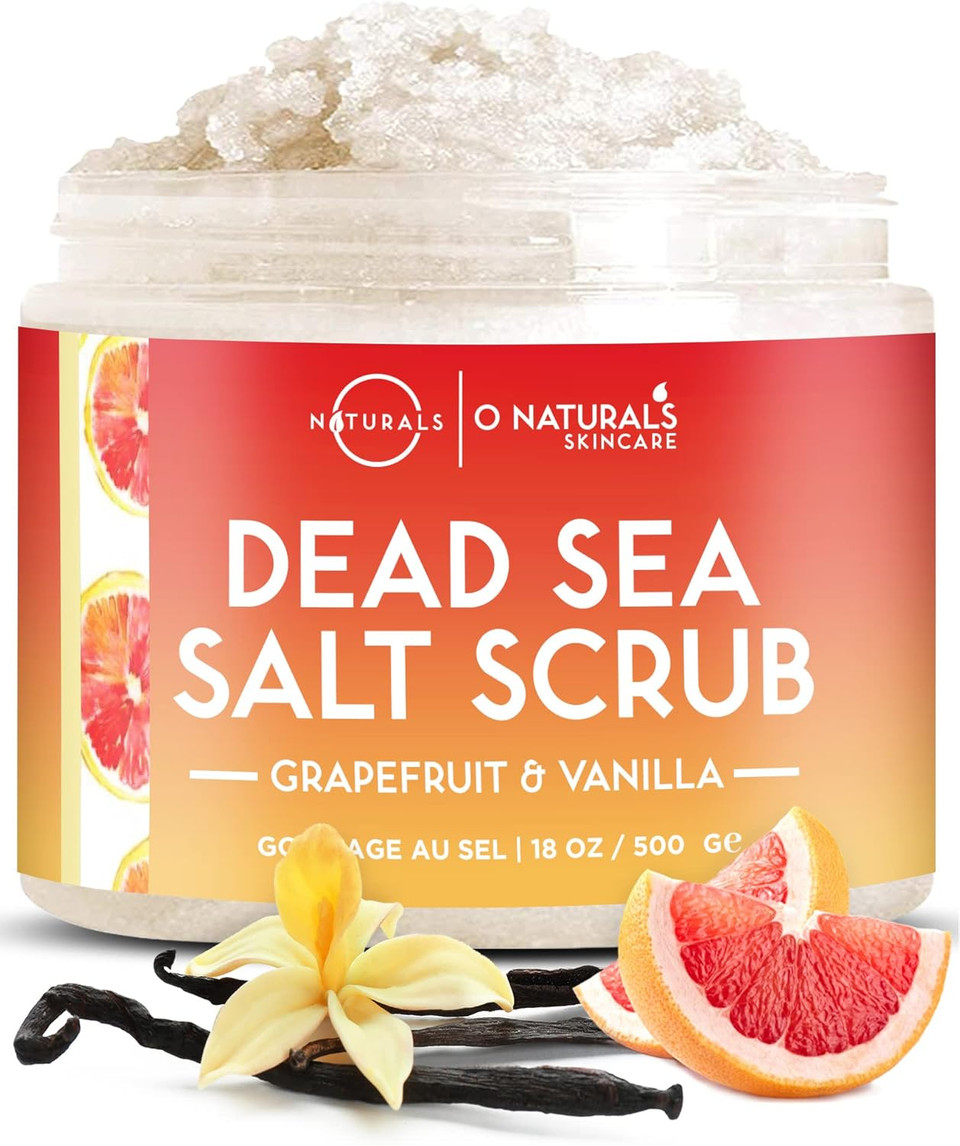O Naturals Exfoliating Dead Sea Salt Grapefruit Essential Oil Face Body & Foot Scrub. w/Vanilla &. Hydrating Exfoliate Dead Skin, Men & Women Scrub 18oz