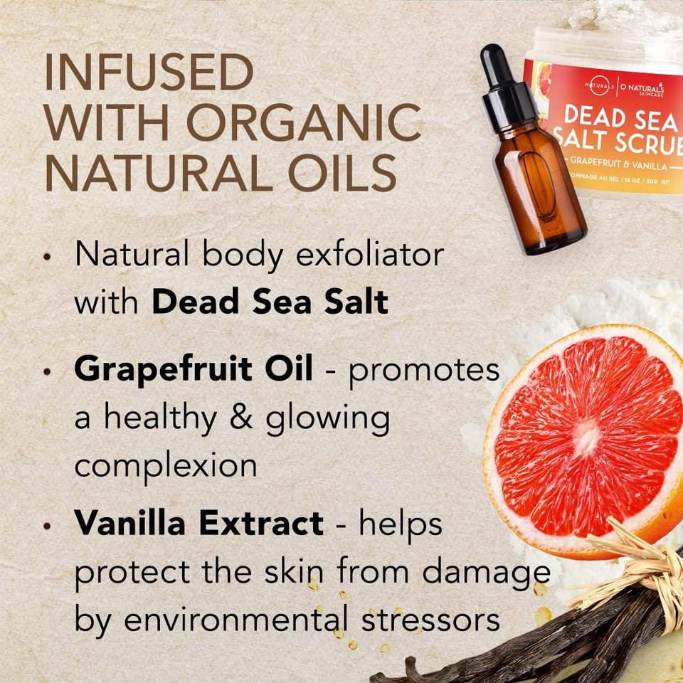 O Naturals Lemon & Mint Dead Sea Salt Scrub. Refreshing All Natural Exfoliator for Face, Hands, Body & Acne. Smooths, Renews & Revives Skin with Argan & Sweet Almond Oil. For Women & Men. 500 gr
