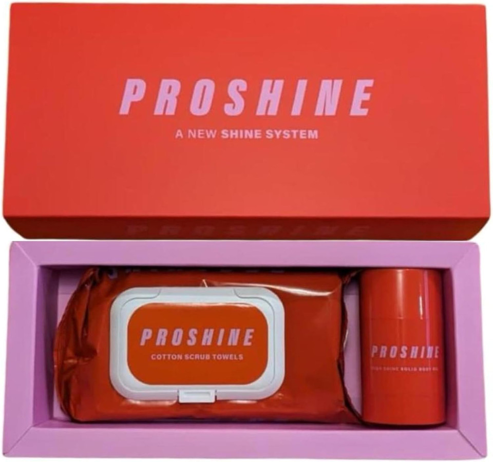 Proshine Body Oil Stick + Scrub Towel Gift Box - High Shine Solid Body Oil with Soy Wax, Shea & Mango Butter Bar - Moisturising Body Care for All Skin Types