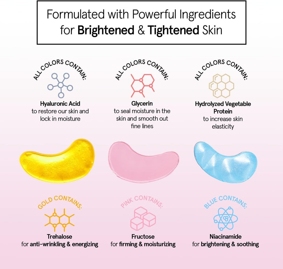 Under Eye Mask - Reduce Dark Circles, Puffy Eyes, Undereye Bags, Wrinkles - Gel Under Eye Patches, Vegan Cruelty-Free Self Care by grace and stella (72 Pairs, GoldPinkBlue)