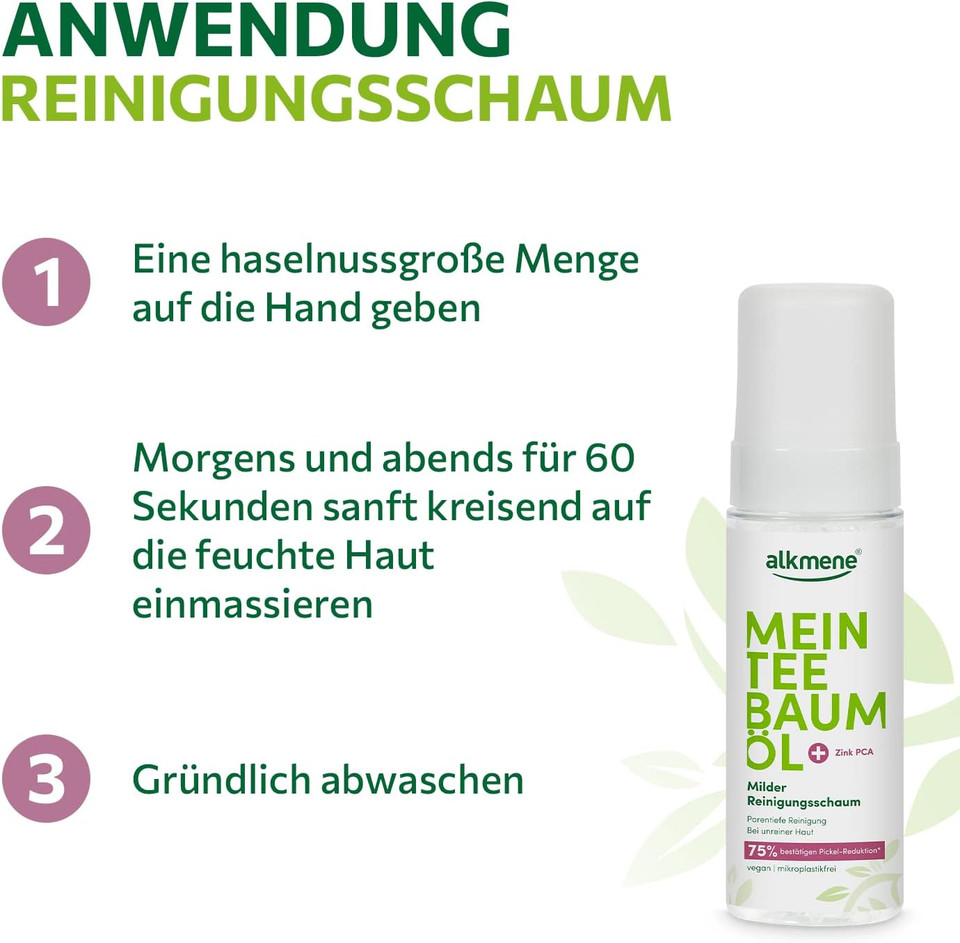 Alkmene Tea Tree Oil Cleaning Foam for Blemished Skin - Cleansing Foam for Face and Body Vegan, No Silicone, Parabens and Mineral Oil - Skin Care for Women and Men (1 x 200 ml)