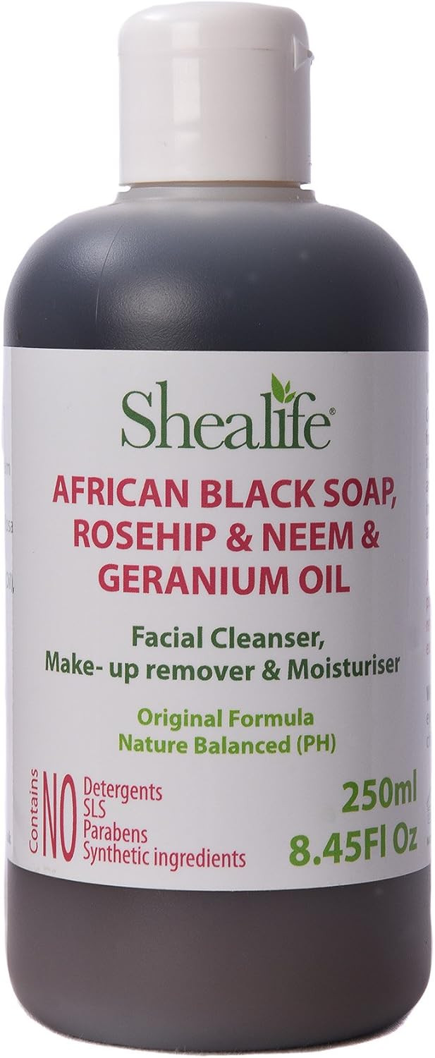 Organic African Black Soap Liquid, Rosehip & Neem Geranium Oil Facial Cleanser, & Face Spots, Pimples, Acne, Facial Wash, Contains No SLS, Detergents & Parabens. 250ml
