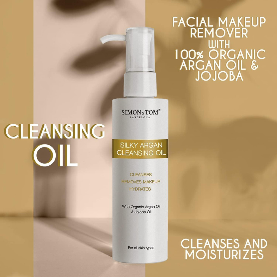 Simon&Tom 100% Natural Make-Up Remover, Full Concentrated Silky Argan Cleansing Oil, Deeply hydrating, For face, lips and eyes, With argan and sweet almond oils, 150 ml