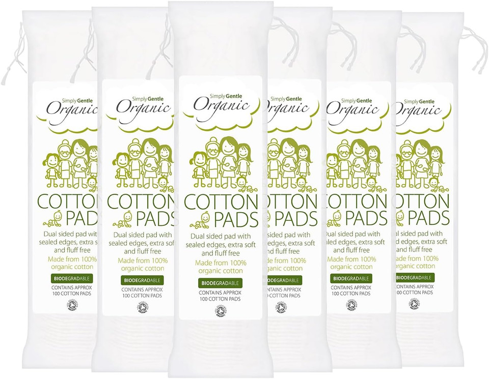 Simply Gentle Organic Cotton Pads – Dual sided - Sealed Edges - Low Lint - 100% Organic Cotton Wool – 100 Count (Pack of 6)