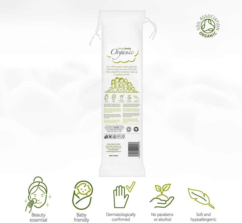 Simply Gentle Organic Cotton Pads – Dual sided - Sealed Edges - Low Lint - 100% Organic Cotton Wool – 100 Count (Pack of 6)