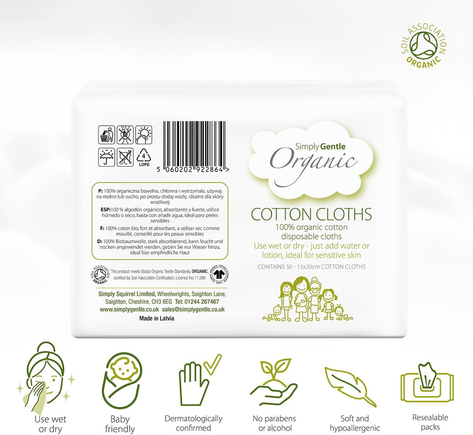 Simply Gentle Organic Dry Wipes/Cotton Cloths Perfect for Sensitive Skin - Pure Cotton Cloths for Newborn Baby - Free from Odours Parabens & Alcohol - Multi-Purpose - Disposable Cloth - 50 Pieces Simply Gentle Organic Dry Wipes/Cotton Cloths Perfect for Sensitive Skin - Pure Cotton Cloths for Newborn Baby - Free from Odours Parabens & Alcohol - Multi-Purpose - Disposable Cloth - 50 Pieces