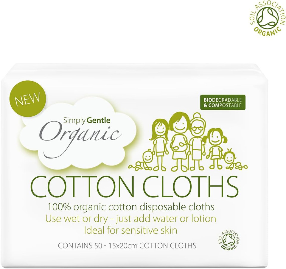 Simply Gentle Organic Dry Wipes/Cotton Cloths Perfect for Sensitive Skin - Pure Cotton Cloths for Newborn Baby - Free from Odours Parabens & Alcohol - Multi-Purpose - Disposable Cloth - 50 (Pack of 3)