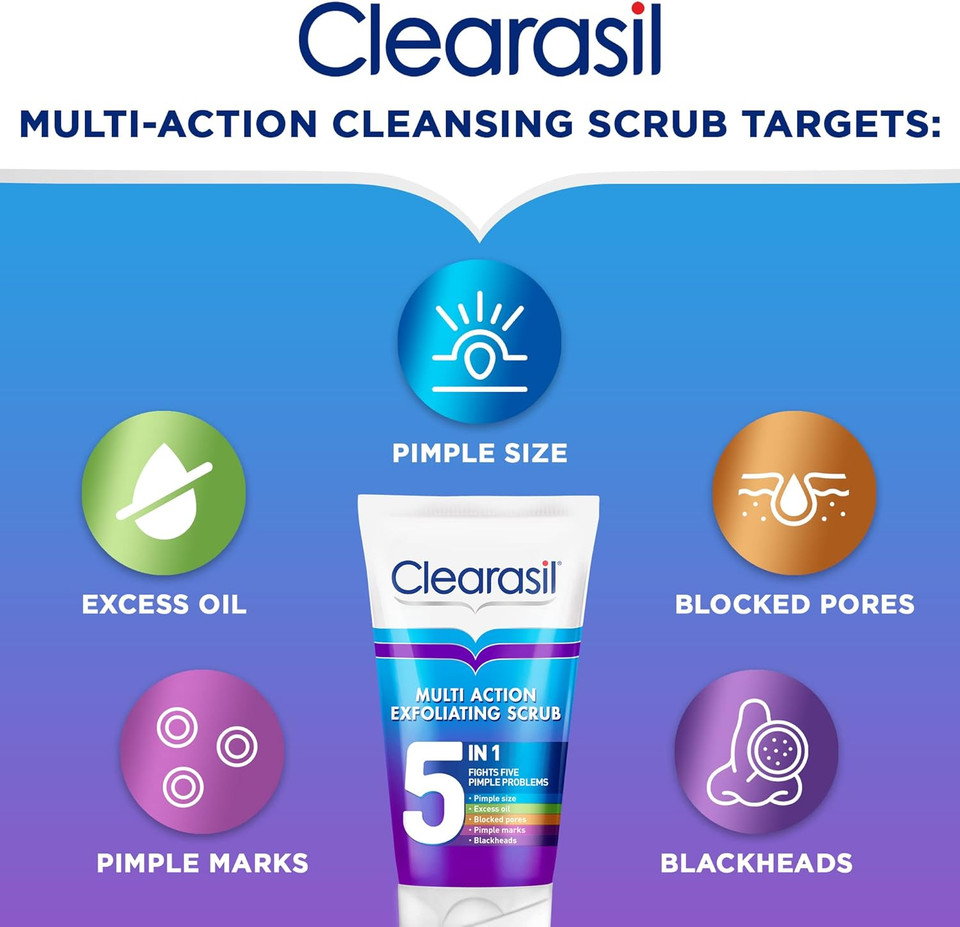 Clearasil 5 in 1 Exfoliating Scrub, For Acne Prone Skin, Unclog Pores, Reduces Blackheads, Pimples and Excess Oil, Everyday Spots Prevention, Pack of 3, Total 450ml Clearasil 5 in 1 Exfoliating Scrub, For Acne Prone Skin, Unclog Pores, Reduces Blackheads, Pimples and Excess Oil, Everyday Spots Prevention, Pack of 3, Total 450ml