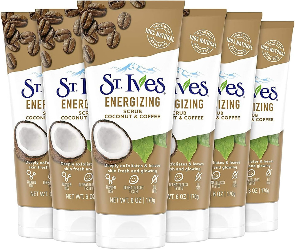 St. Ives Rise and Energize Face Scrub Deep Exfoliating Scrub Coconut and Coffee Dermatologist-Tested, 100% Natural Exfoliants Face Wash 6 oz / 170gm 6 Count