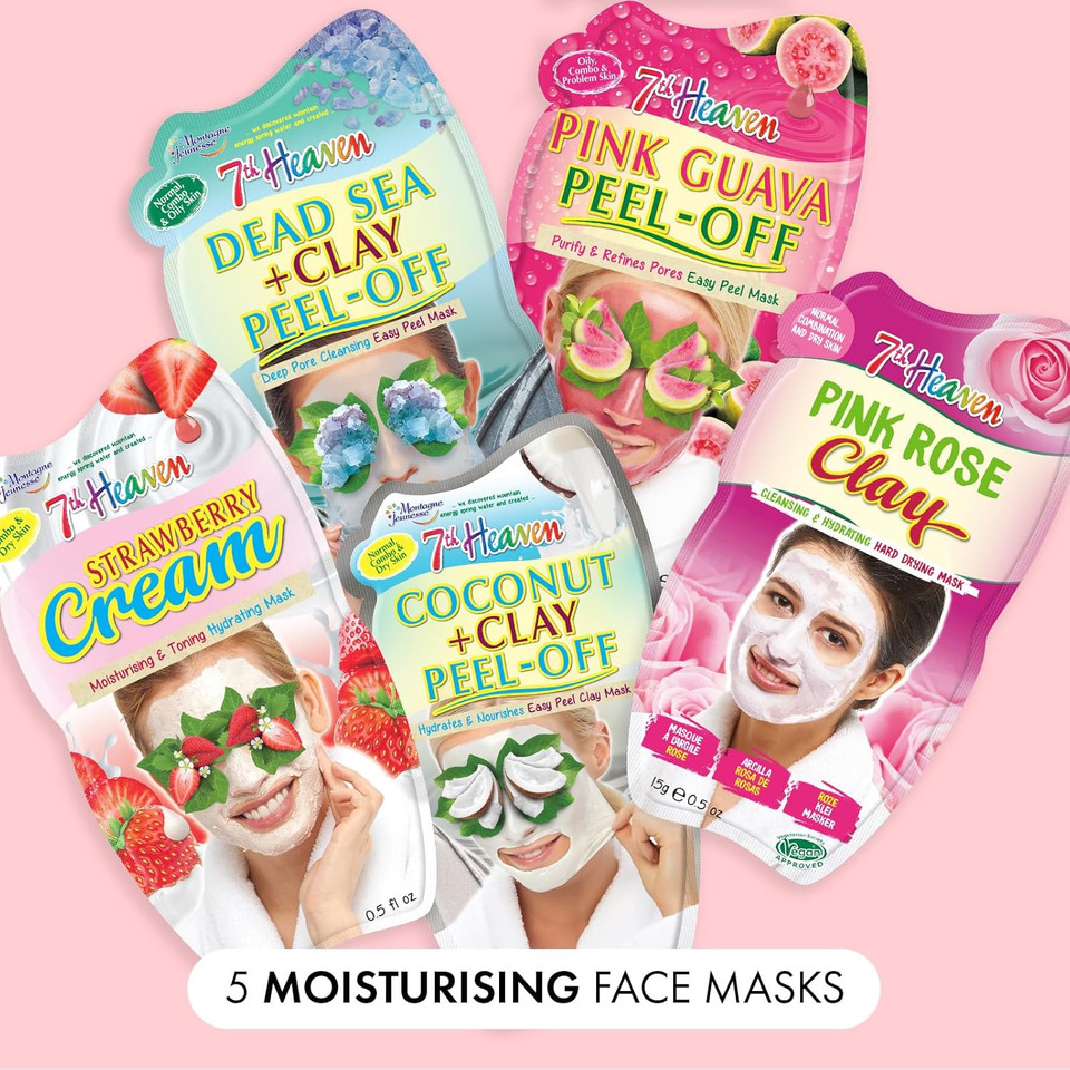 7th Heaven Variety Pack of 5 Clay, Cream & Peel-Off Face Mask  Hydrating & Moisturising Formula Suitable For All Skin Types  Vegan & Cruelty-Free Skincare
