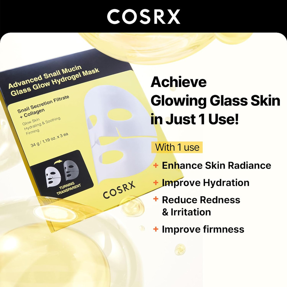 COSRX Advanced Snail Mucin Glass Glow Hydrogel Face Masks Skincare, Collagen Mask, Overnight Peel Off Korean Face Mask for Hydration Boost, Glass Skin Face Mask Korean Skincare, Pack of 3