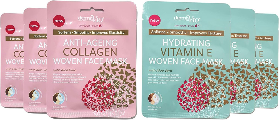 Derma V10 Woven Face Mask with Aloe Vera 6 Pack Bundle (3 x Anti-Ageing Collagen, 3 x Hydrating Vitamin E)