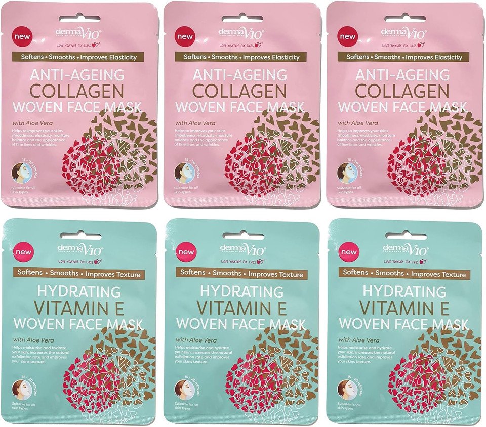 Derma V10 Woven Face Mask with Aloe Vera 6 Pack Bundle (3 x Anti-Ageing Collagen, 3 x Hydrating Vitamin E)