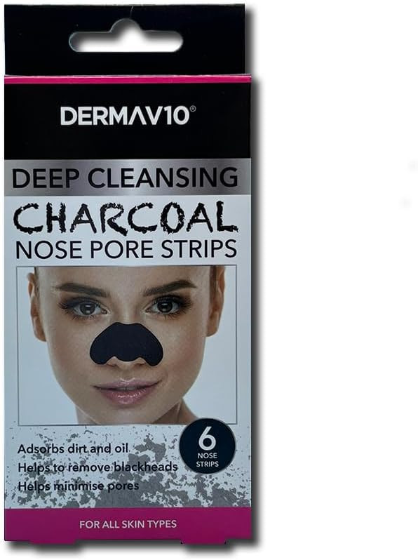 Derma V10 Charcoal Nose Pore Strips, Pack Of 6 Strips, Unclogs Pores, Removes Blackheads, Deep Cleaning, Draws Out Impurities, Absorbs Dirt And Oil, Enriched With Witch Hazel