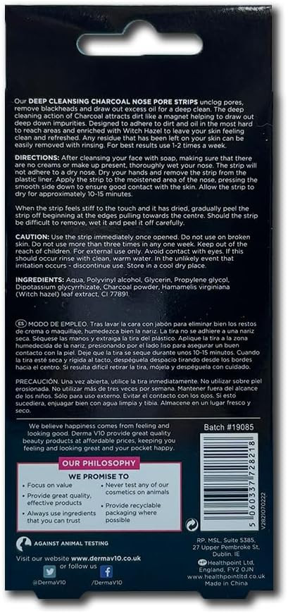 Derma V10 Charcoal Nose Pore Strips, Pack Of 6 Strips, Unclogs Pores, Removes Blackheads, Deep Cleaning, Draws Out Impurities, Absorbs Dirt And Oil, Enriched With Witch Hazel