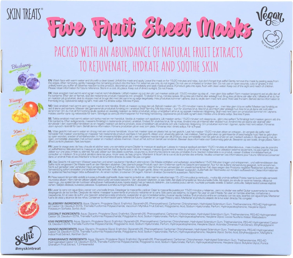 Skin Treats Five Fruit Sheet Masks | Natural Fruit Extracts | Rejuvenates, Hydrates & Soothes Skin | Biodegradable | Vegan | Not Tested On Animals | 22ml