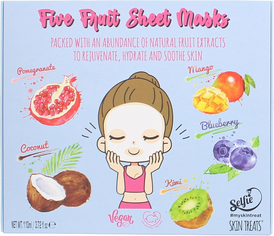 Skin Treats Five Fruit Sheet Masks | Natural Fruit Extracts | Rejuvenates, Hydrates & Soothes Skin | Biodegradable | Vegan | Not Tested On Animals | 22ml