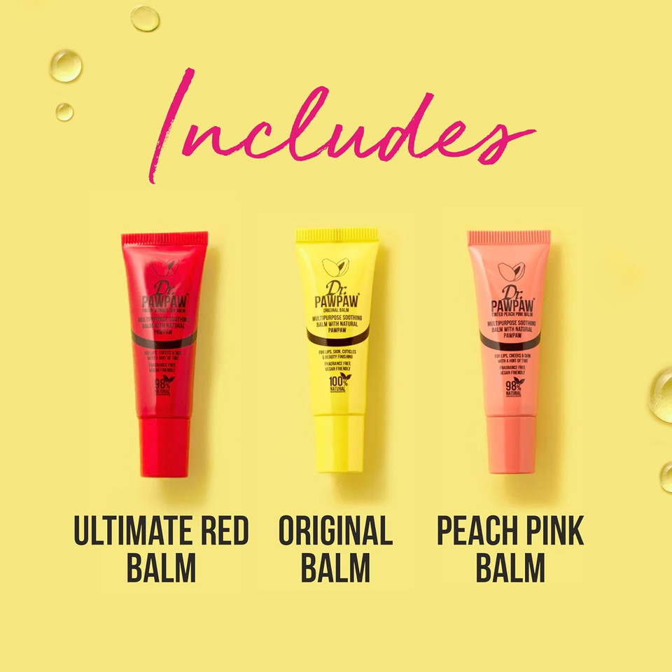 Dr. PAWPAW ORIGINAL BALM Classic Beauty Gift Lip Balm Set | 3 x 10ml balms | Original, Red & Peach Pink