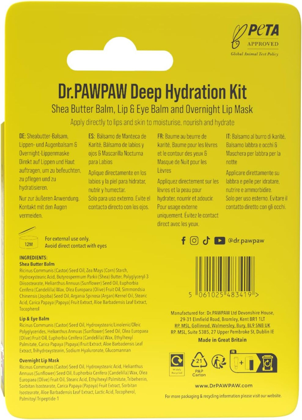 Dr.PAWPAW Mini Luxe Trio Gift Set: Orignal,Tinted Peach & Overnight Lip Mask,Multi-Purpose Natural No Fragrance Balm for Hydrating Lips, Skin, Hair, Cuticles, Nails & Beauty Finishing (3 x 10 ml)