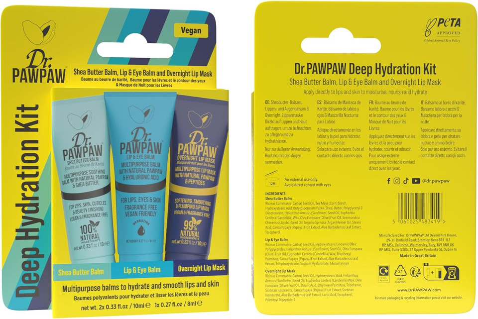 Dr.PAWPAW Mini Luxe Trio Gift Set: Orignal,Tinted Peach & Overnight Lip Mask,Multi-Purpose Natural No Fragrance Balm for Hydrating Lips, Skin, Hair, Cuticles, Nails & Beauty Finishing (3 x 10 ml)