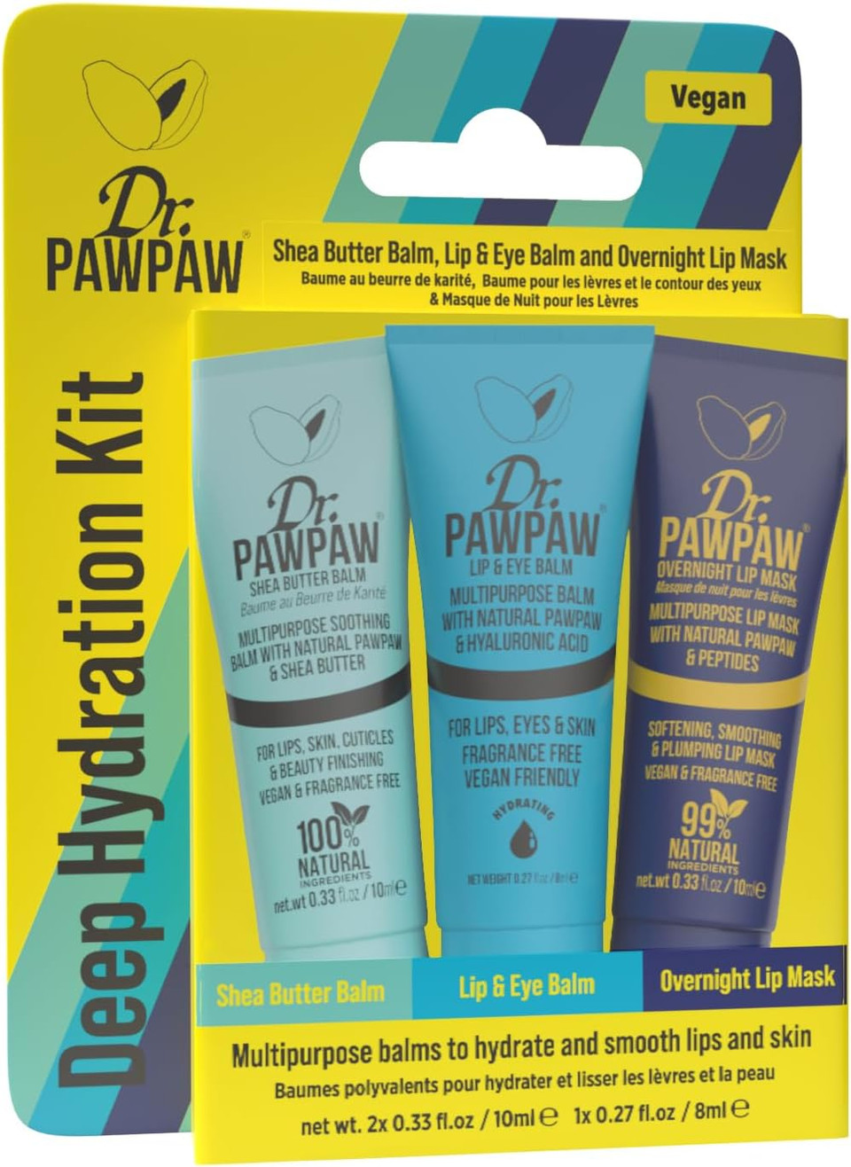 Dr.PAWPAW Mini Luxe Trio Gift Set: Orignal,Tinted Peach & Overnight Lip Mask,Multi-Purpose Natural No Fragrance Balm for Hydrating Lips, Skin, Hair, Cuticles, Nails & Beauty Finishing (3 x 10 ml)