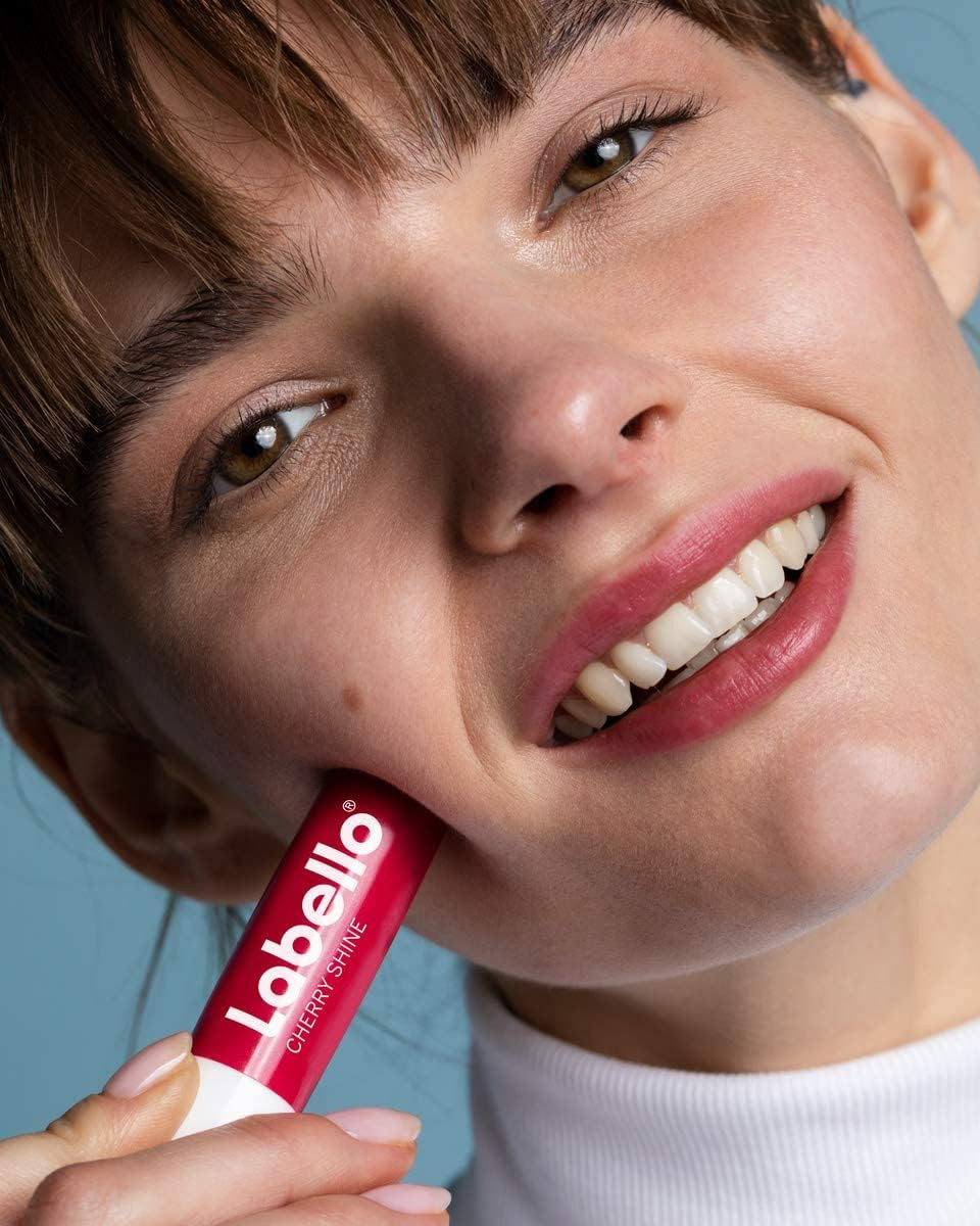 Labello Cherry Shine Lip Balm with Soft Red Shine and Shimmer Pigments and Cherry Flavours, Lip Care without Mineral Oils Pack of 6