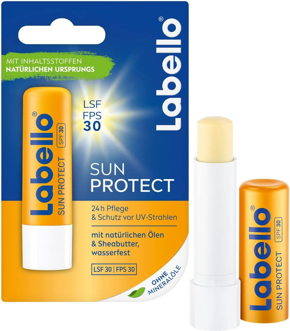 Labello Sun Protect im 4er Pack (4 x 4,8 g), wasserfester Lippenpflegestift mit Sonnenschutz (LSF 30), Lippenpflege ohne Mineralöle