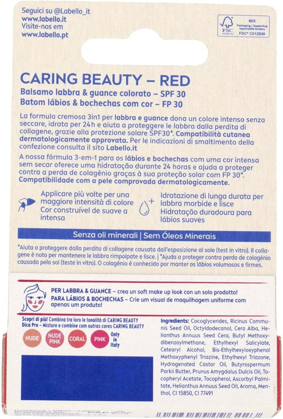 Labello Caring Beauty Lip & Cheek Red 4.8 g Lip and Cheek Lip Balm with a Red Note, Tinted Lip Balm and Blush Stick 2 in 1, Moisturising Lip Balm with SPF 30 Protection