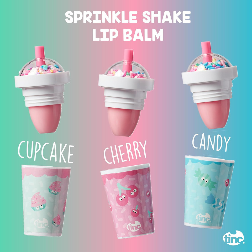 Tinc Sprinkle Shake Lip Balms - Delicious Scents: Cherry, Cupcake and Candy - Keeps Lips Moist - Gift Idea - 3 in Pack