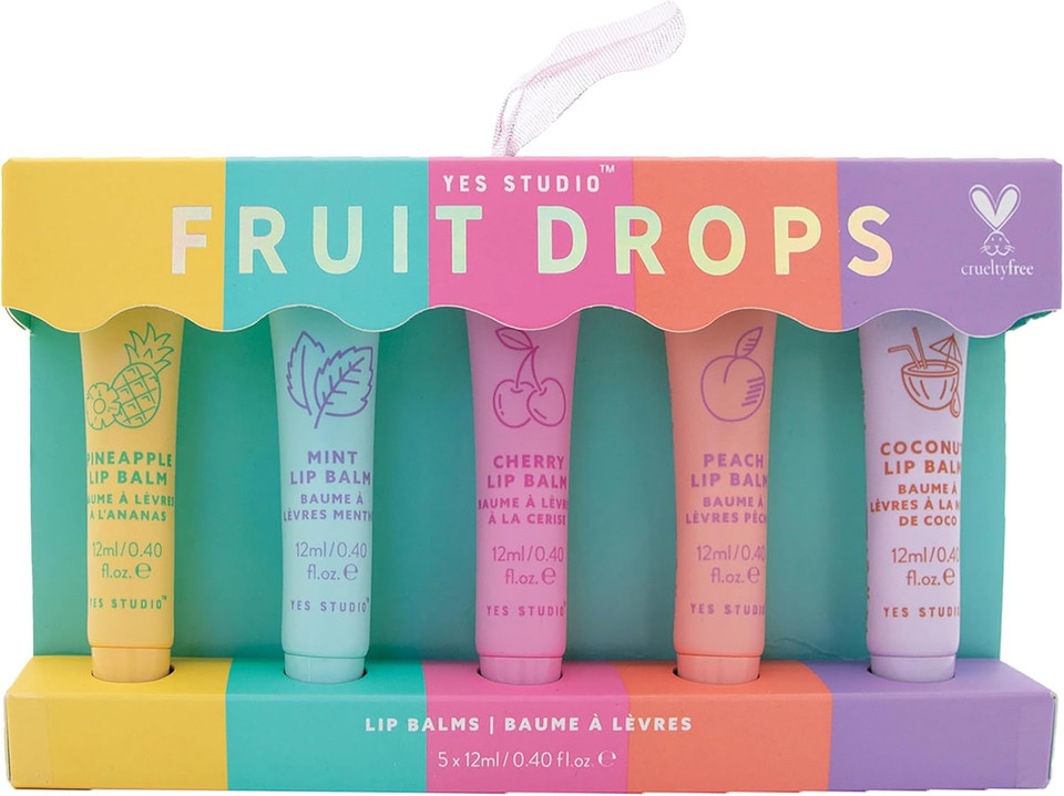 Yes Studio Fruit Drops Lip Balm Gift Set, 5 x 12ml, Cruelty Free, Pineapple Mint Cherry Peach Coconut