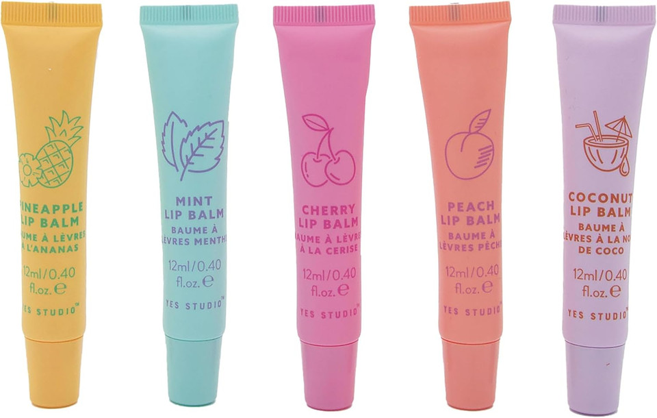 Yes Studio Fruit Drops Lip Balm Gift Set, 5 x 12ml, Cruelty Free, Pineapple Mint Cherry Peach Coconut