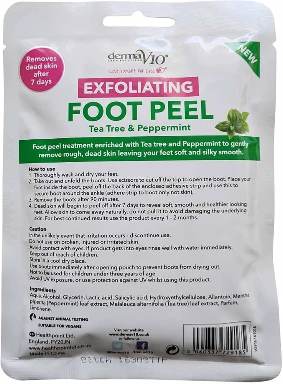DermaV10 Exfoliating Foot Peel Tea Tree and Peppermint 1 Pair