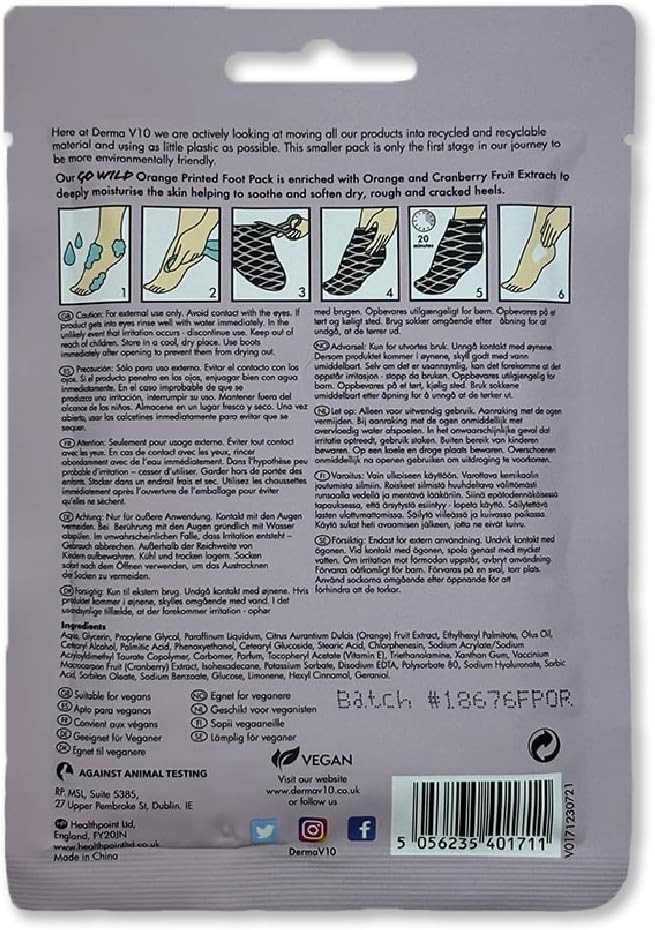 Healthpoint Derma V10 Go Wild Foot Mask, Vitamin E, Hyaluronic Acid, Orange, Cranberry Extract, Moisturises And Nourishes Feet, Softens Rough, Dry, Cracked Heels, Natural Ingredients, Vegan Friendly