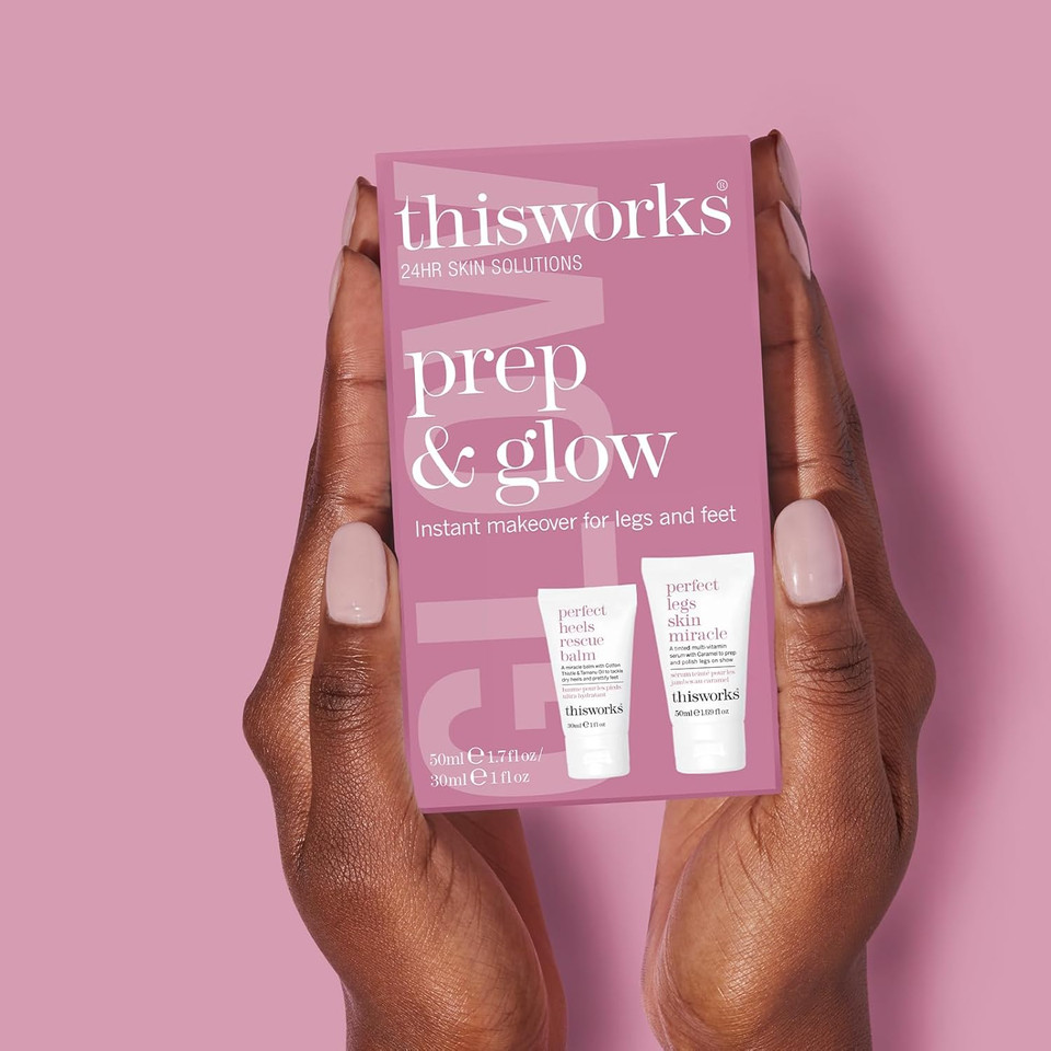This Works Prep and Glow Gift Set - Travel Size Kit with Perfect Legs Skin Miracle and Perfect Heels Rescue Balm Foot Cream - Nourishing & Hydrating Bodycare Duo