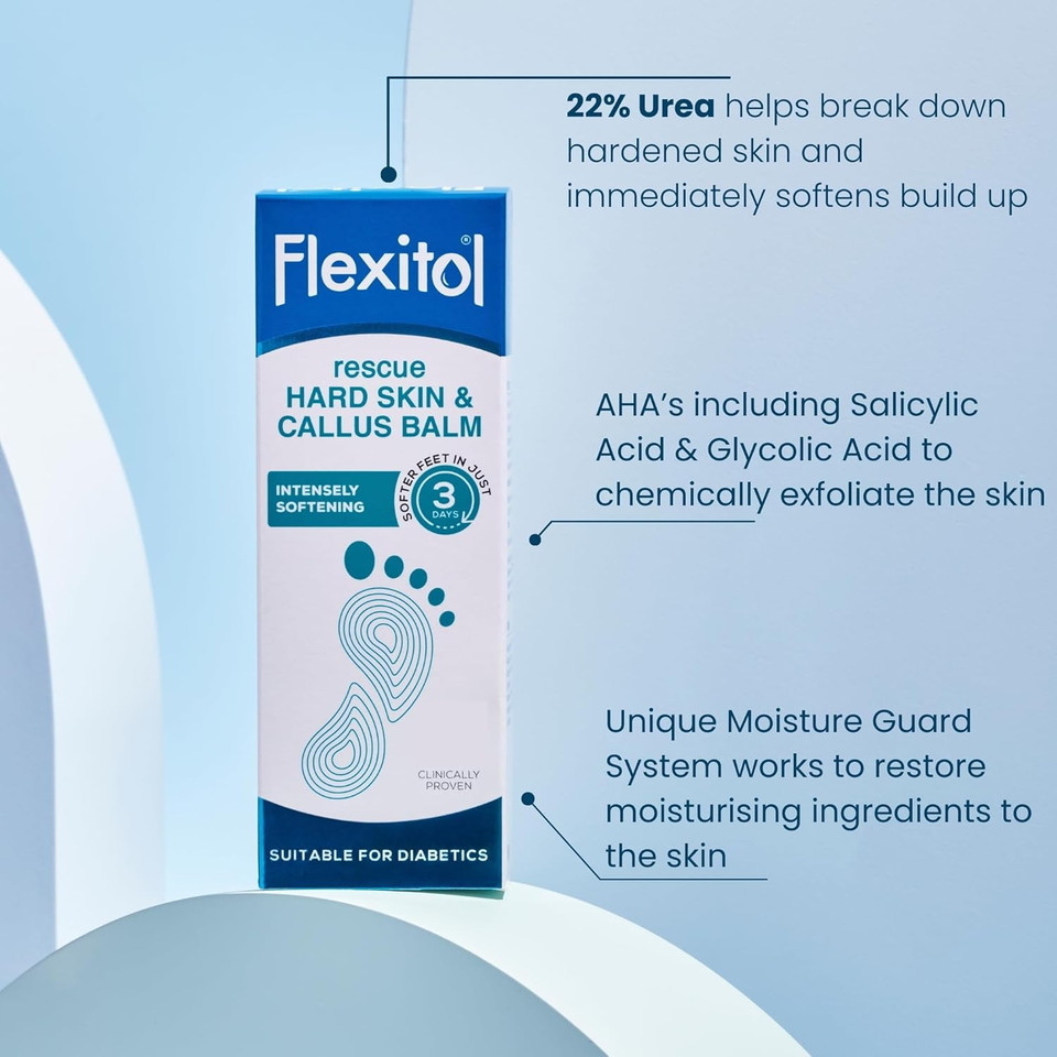 Flexitol Rescue Hard Skin and Callus Balm - Foot Cream for Visible Results in 3 Days - Exfoliates Dry, Hard Feet - Clinically Proven to Soften Feet - 22 Percent Urea - Suitable for Diabetics. 56g Flexitol Rescue Hard Skin and Callus Balm - Foot Cream for Visible Results in 3 Days - Exfoliates Dry, Hard Feet - Clinically Proven to Soften Feet - 22 Percent Urea - Suitable for Diabetics. 56g