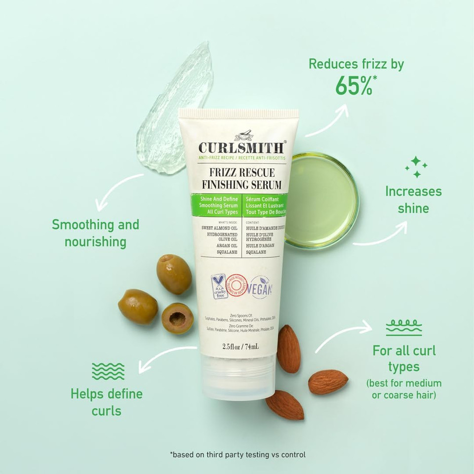 Curlsmith - Frizz Rescue Finishing Serum, Oil-to-Gel Hair Serum, Tame Frizz, Add Shine, Humidity Protection, For All Curl Types, Vegan, 74ml/2.5 fl oz